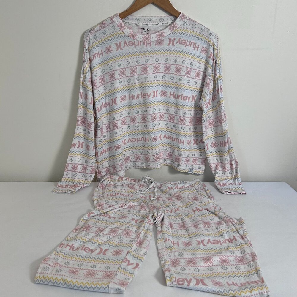 Hurley Pajama Set Long Sleeve Top Pants Pink White Size L